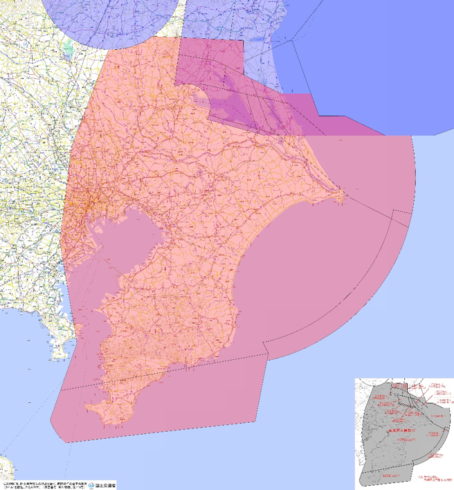東京進入管制区の色分けされたマップ