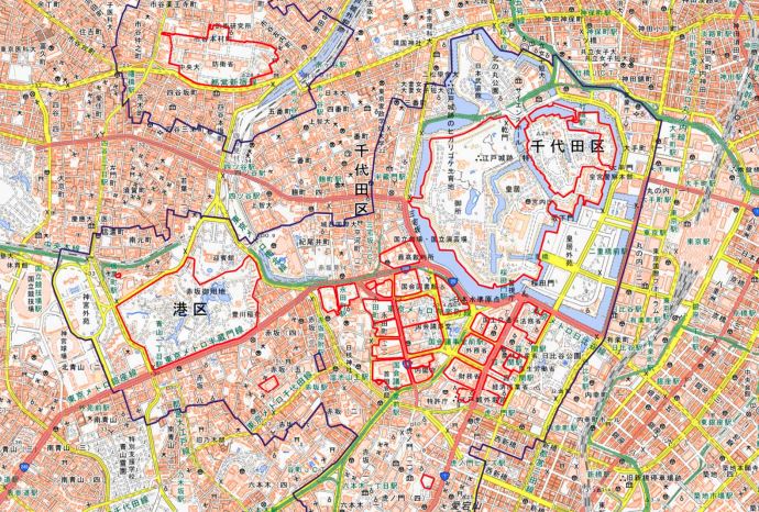 東京都心部における対象施設周辺地域図